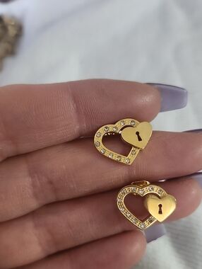 Gold Heart Lock Stud Earrings with Crystal Detailing